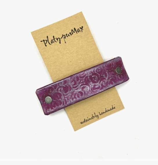 Purple and Silver Spirals Leather Hair Barrette by Platypus Max