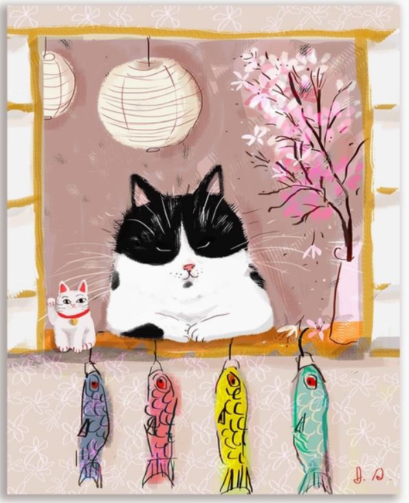 Japanese Window Cat Greeting Card by Jamie Shelman – Outside the