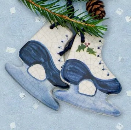 Ice Skates Ceramic Ornament by Mary DeCaprio