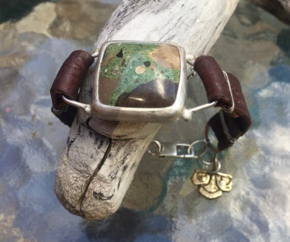 Earthy Slag Glass and Leather Bracelet by Karen Gilbert