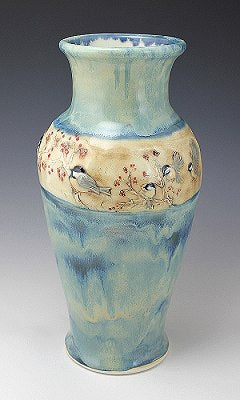 Chickadees and Winter Berries Vase by Jen Stein