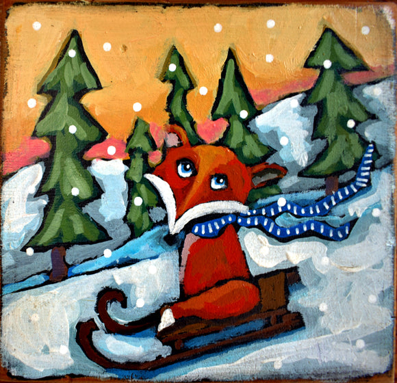 Sledding Fox Block by David Hinds
