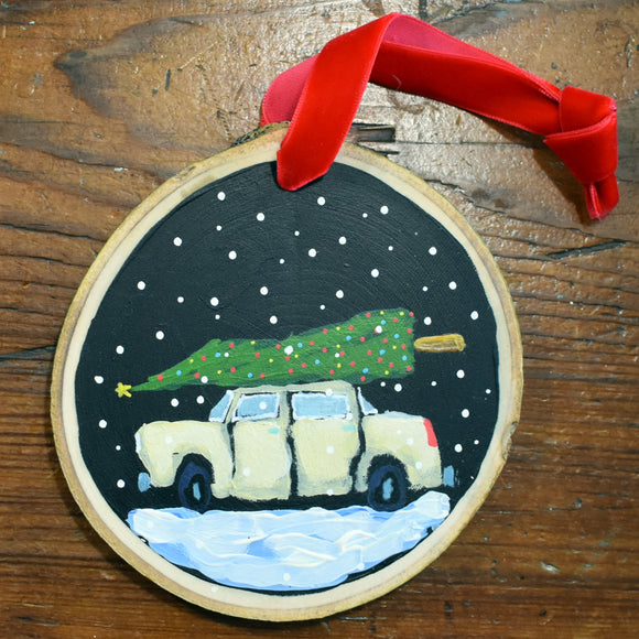 Yellow Car and Tree Ornament by David Hinds