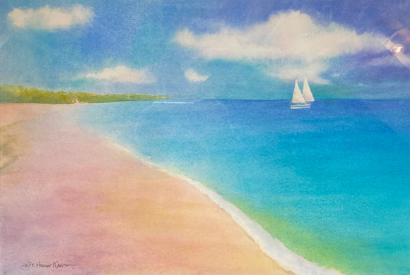 Beach & Sailboat Framed Original Watercolor by JoAnne Hauser Warren
