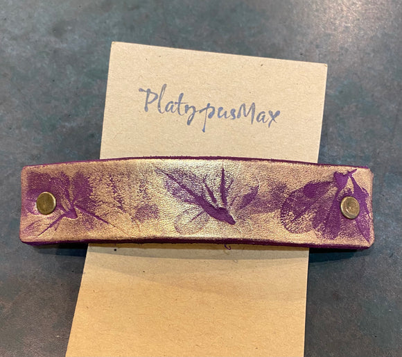 Purple and Gold Flowers Leather Hair Barrette by Platypus Max