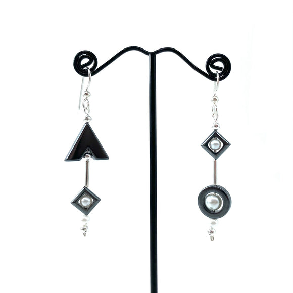 Geometry Drop Earrings - Pearl and Hematite by Brian Watson