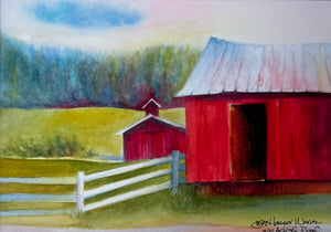 Red Barns on Blackjack Reproduction by JoAnne Hauser Warren