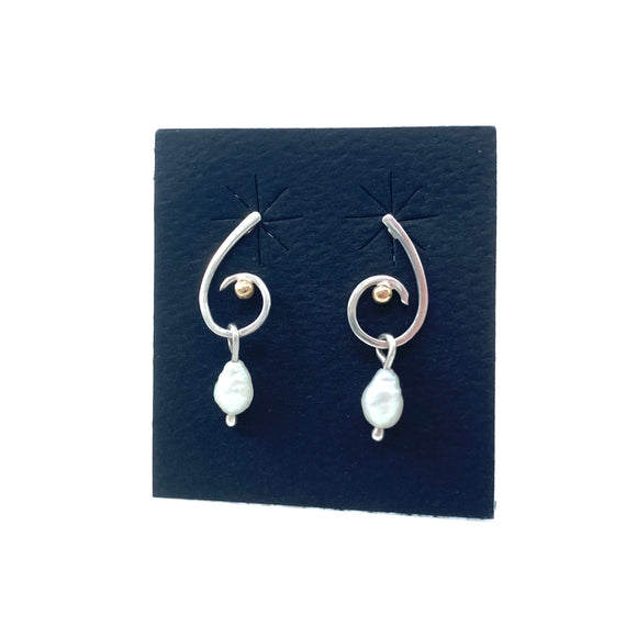 Silver and Gold Spiral Post Earrings with Pearl Dangles by Margie Magnuson