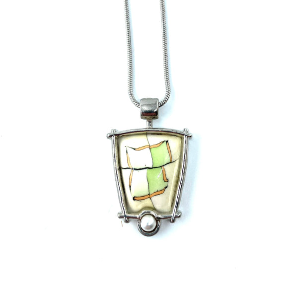 Framed Trapezoid Pendant With Pearl - Kiwi by Blue Bus Studio
