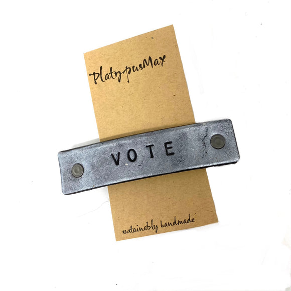 Silver 'Vote' Leather Hair Barrette by Platypus Max