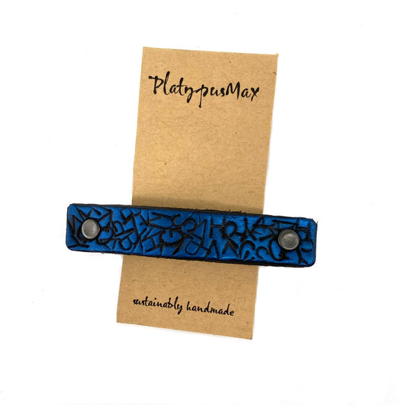 Blue Stamped Letters Leather Hair Barrette by Platypus Max