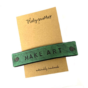 Green 'Make Art' Leather Hair Barrette by Platypus Max