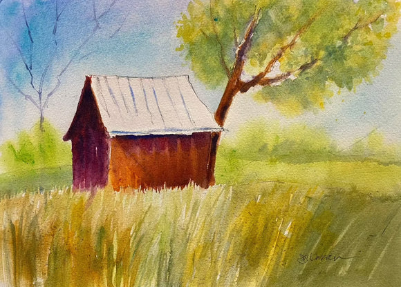 Little Red Barn Original Watercolor by JoAnne Hauser Warren