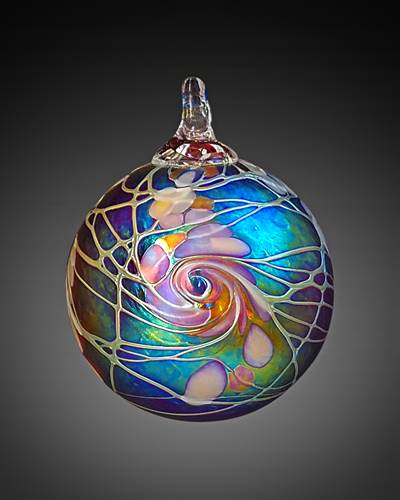 Red Swirl Round Ornament by Vines Art Glass