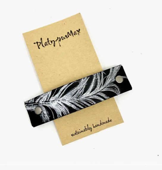 Silver Feather on Black Leather Hair Barrette by Platypus Max
