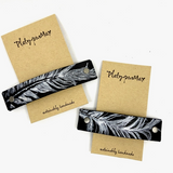 Silver Feather on Black Leather Hair Barrette by Platypus Max