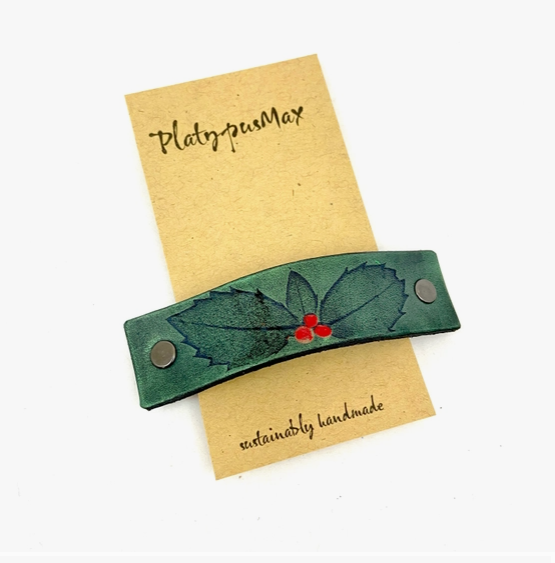 Green Holly Leaves and Red Berries Embossed Leather Hair Barrette by Platypus Max