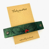 Green Holly Leaves and Red Berries Embossed Leather Hair Barrette by Platypus Max