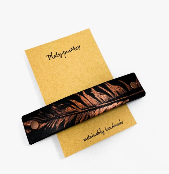 Copper Feather on Black Leather Hair Barrette by Platypus Max