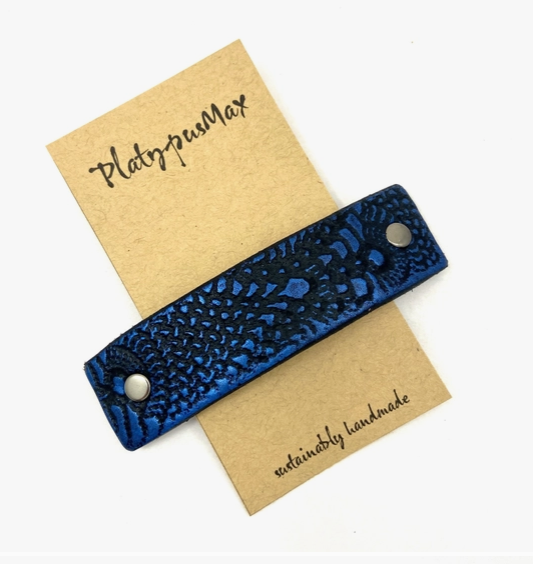 Cobalt Blue and Black Rustic Textured Leather Hair Barrette by Platypus Max