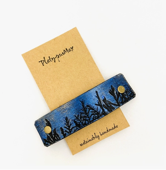 Moonlit Forest Blue and Gold Trees Leather Hair Barrette by Platypus Max