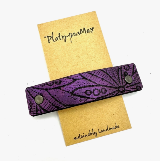 Purple and Black Boho Flowers Leather Hair Barrette by Platypus Max