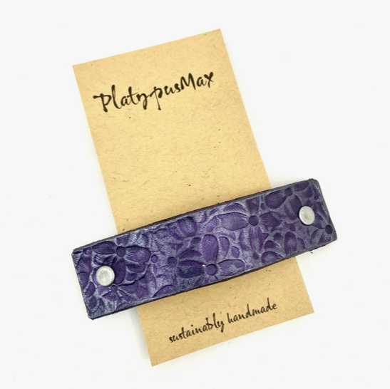 Purple and Silver Flowers Leather Hair Barrette by Platypus Max