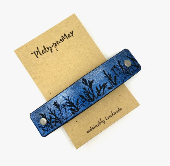Moonlit Forest Blue and Silver Trees Leather Hair Barrette by Platypus Max