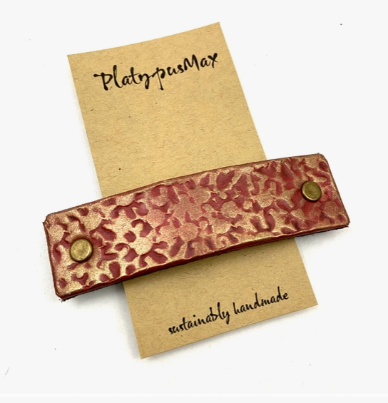 Candy Apple Red and Gold Starburst Leather Hair Barrette by Platypus Max