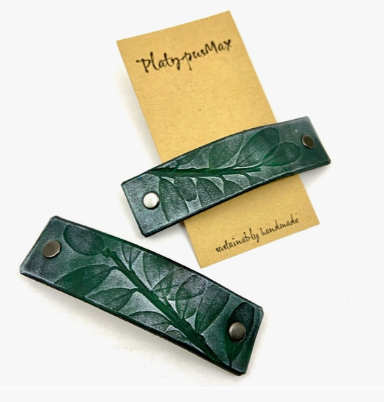 Green and Silver Leaves Leather Hair Barrette by Platypus Max