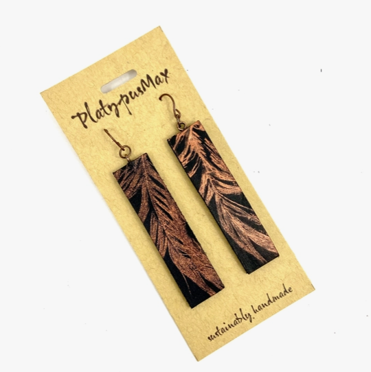 Copper Feather on Black Long Bar Earrings by Platypus Max