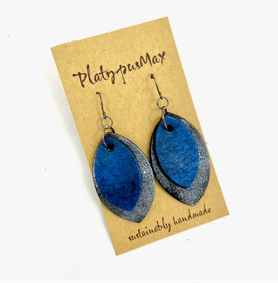 Dark Silver and Blue Pointed Oval Dangle Earrings by Platypus Max
