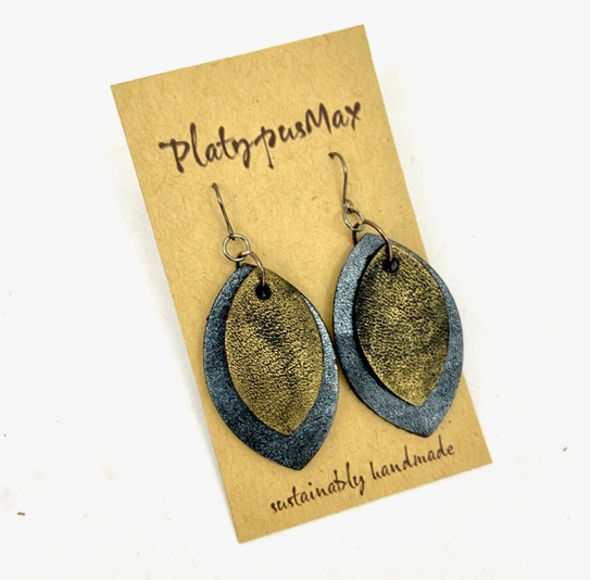 Dark Silver and Antique Gold Pointed Oval Dangle Earrings by Platypus Max