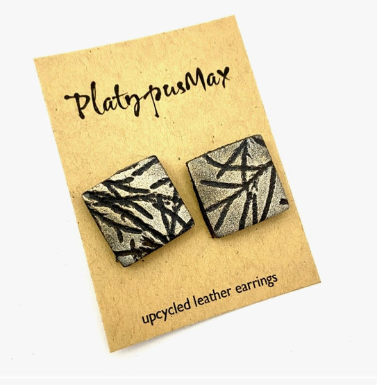 Platinum Gold Pressed Branches Square Stud Earrings by Platypus Max