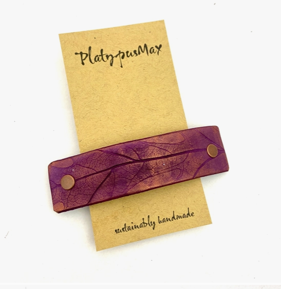 Purple and Copper Oak Leaf Leather Hair Barrette by Platypus Max