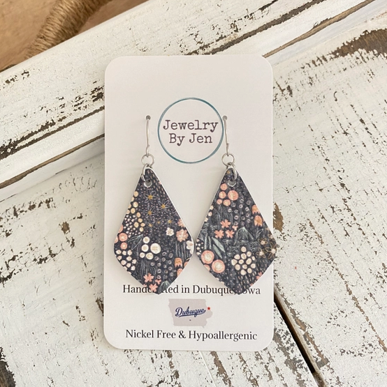 Small Elegant Teardrop Earrings: Pastel Flowers on Grey by Jewelry By Jen