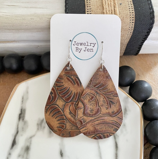Large Teardrop Earrings: Brown Western Tooled by Jewelry By Jen