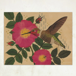 Hummingbird and Wild Rose Wood Print by Little Gold Fox Designs