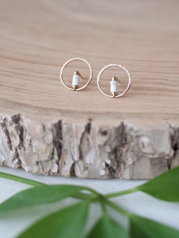 Wire Circle and Stone Stud Earrings with Howlite by Brianna Kenyon
