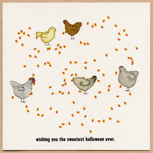 Chickens and Candy Corn Halloween Greeting Card by Beth Mueller