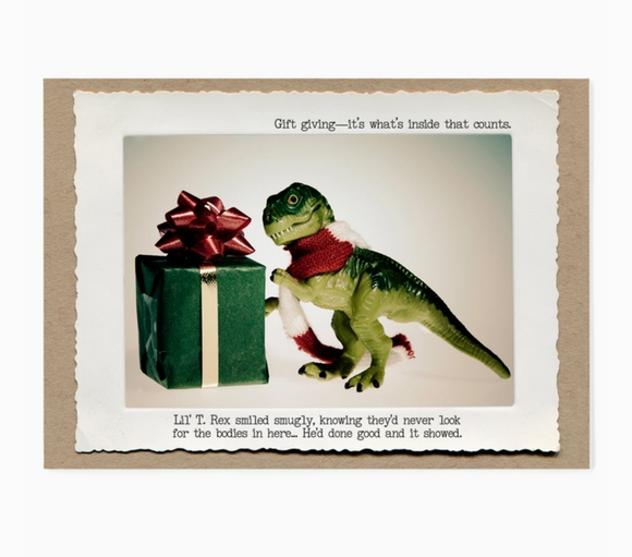 Lil T. Rex Present Holiday Greeting Card by Jamie Redmond