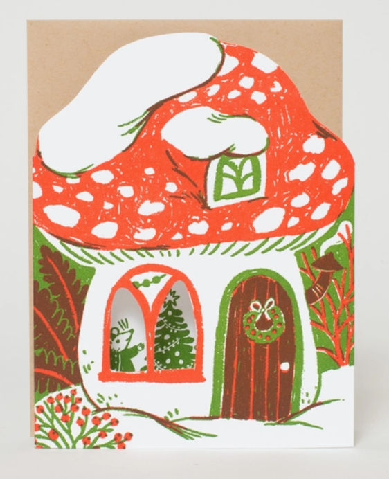 Merry Mushroom House Holiday Greeting Card by Egg Press Manufacturing