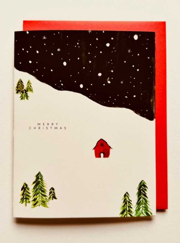 Red Barn Night Sky Holiday Greeting Card by Sweet Julie Marie