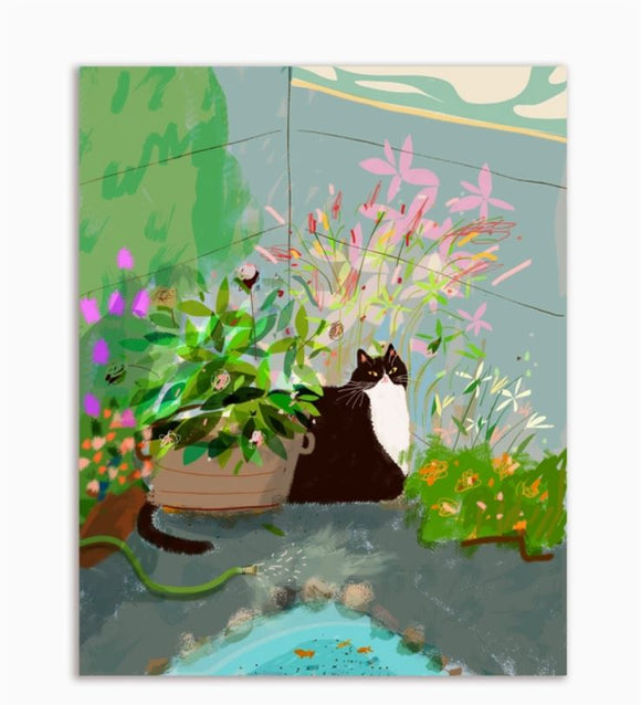 Backyard Bliss Cat Greeting Card by Jamie Shelman
