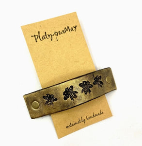 Stamped Golden Bees Leather Hair Barrette by Platypus Max