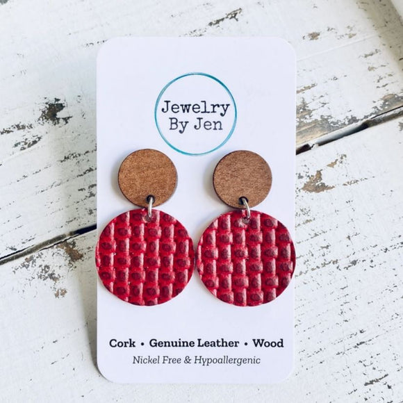 Medium Wood Stud Earrings: Berry Red Weave by Jewelry By Jen