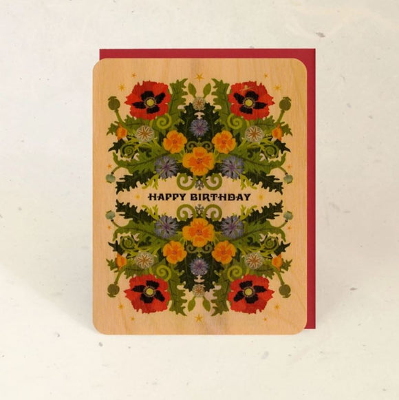 Birthday Poppy Wood Greeting Card by Little Gold Fox Designs