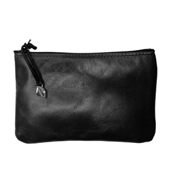 Retro Black Leather Zipper Pouch by Oberon Design