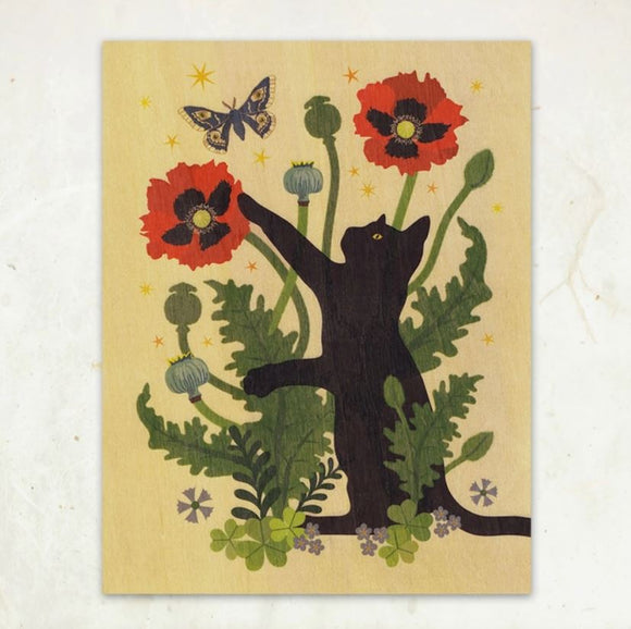 Black Cat and Poppies Wood Print by Little Gold Fox Designs