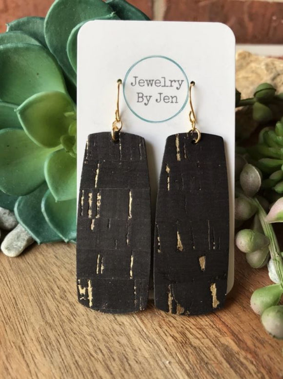 XL Bar Earrings: Black Cork with Gold Accents by Jewelry By Jen